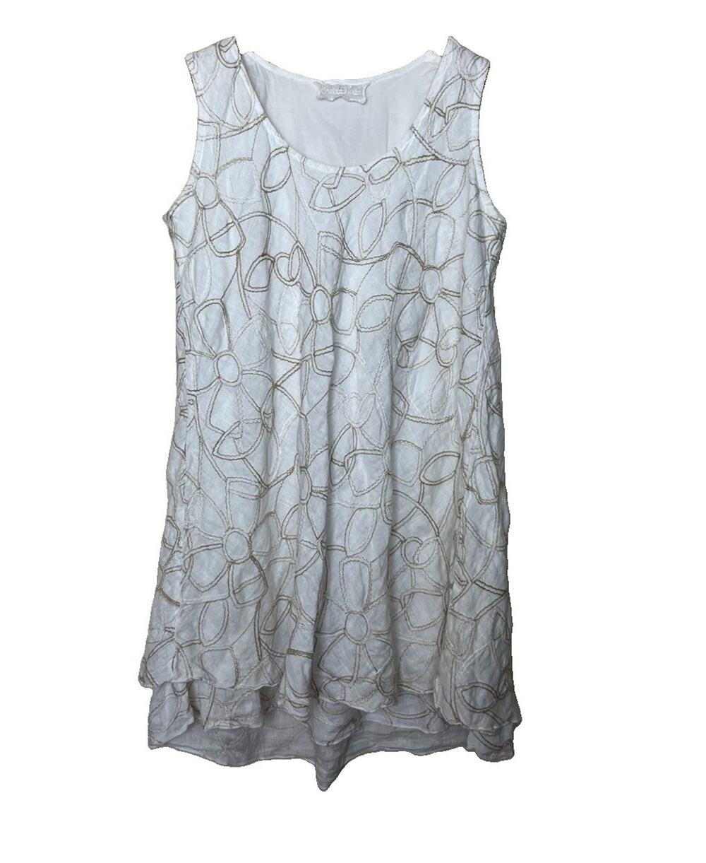 Bella Moda Linen Embroidered Sleeveless Tunic Top Dress White Lagenlook Boho M